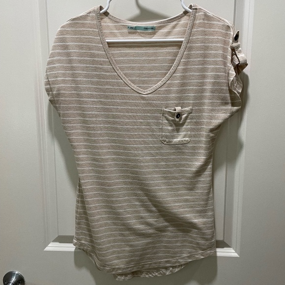 Tan and white striped women's blouse (S) - Picture 1 of 4